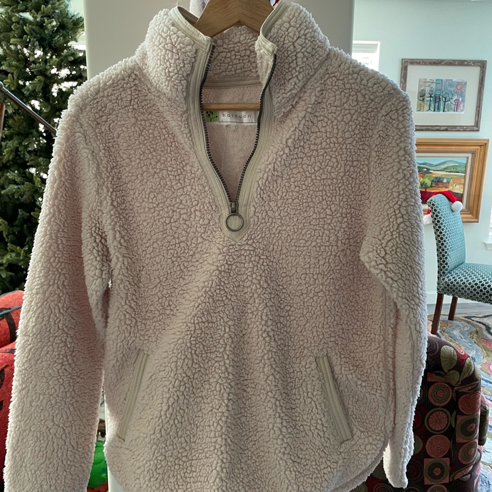 Cream white fleece cozy quarter zip sweatshirt with pockets